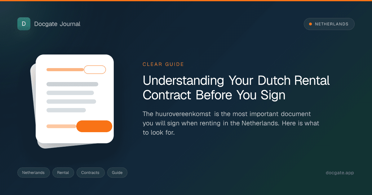 Dutch rental contract beside apartment keys and a coffee mug on a bright table.