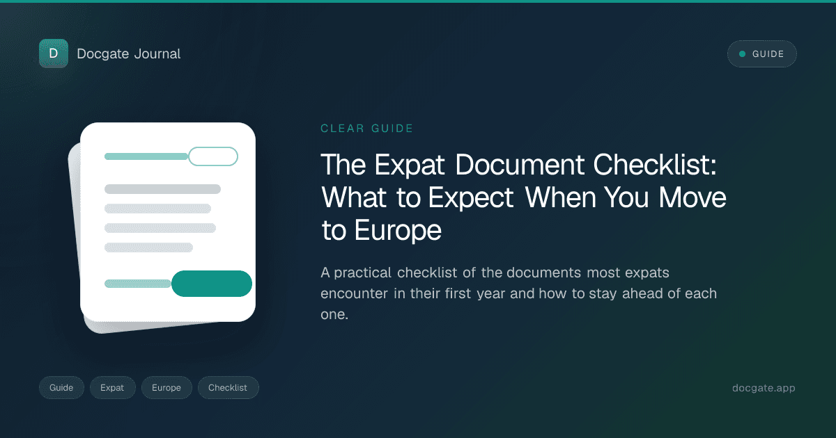Expat paperwork laid out on a desk with registration forms, passport, and checklist notes.