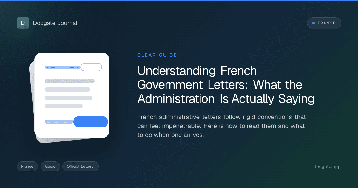 French administrative letter and dossier folder on a tidy desk with pen and notes.