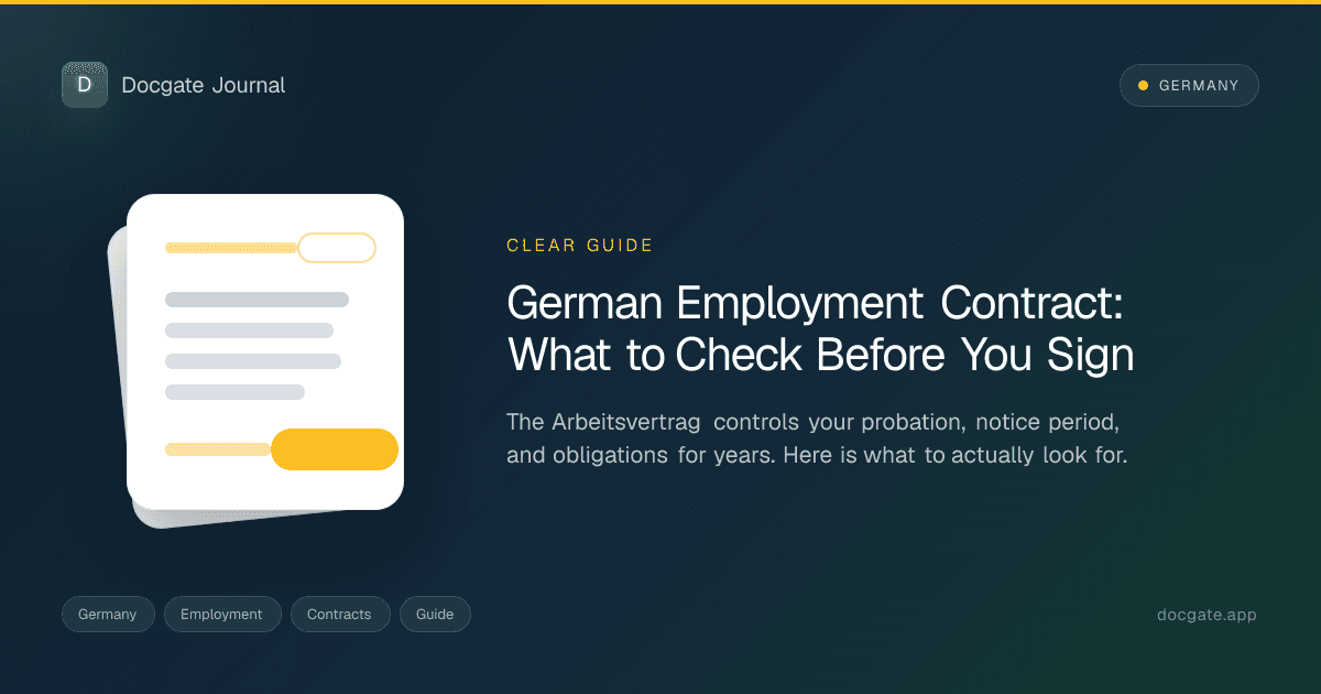 German employment contract pages on a desk with glasses, pen, and a laptop edge.