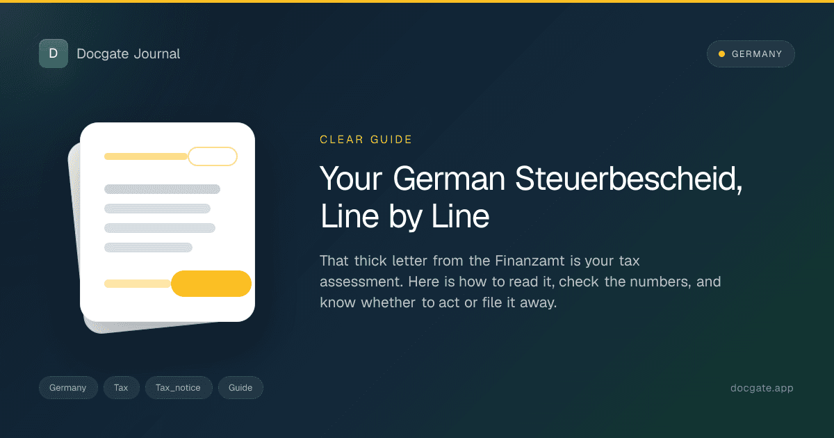 German Steuerbescheid tax assessment letter on a desk with calculator and highlighted figures.