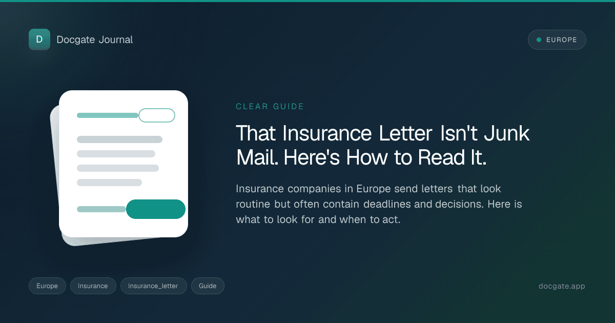 European health insurance letter beside an insurance card and envelope on a kitchen table.