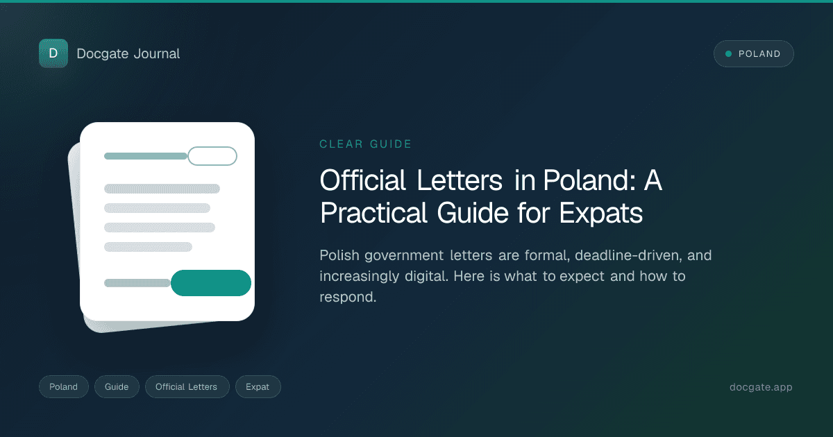 Polish official letters and stamped envelopes arranged on a desk with a notebook.