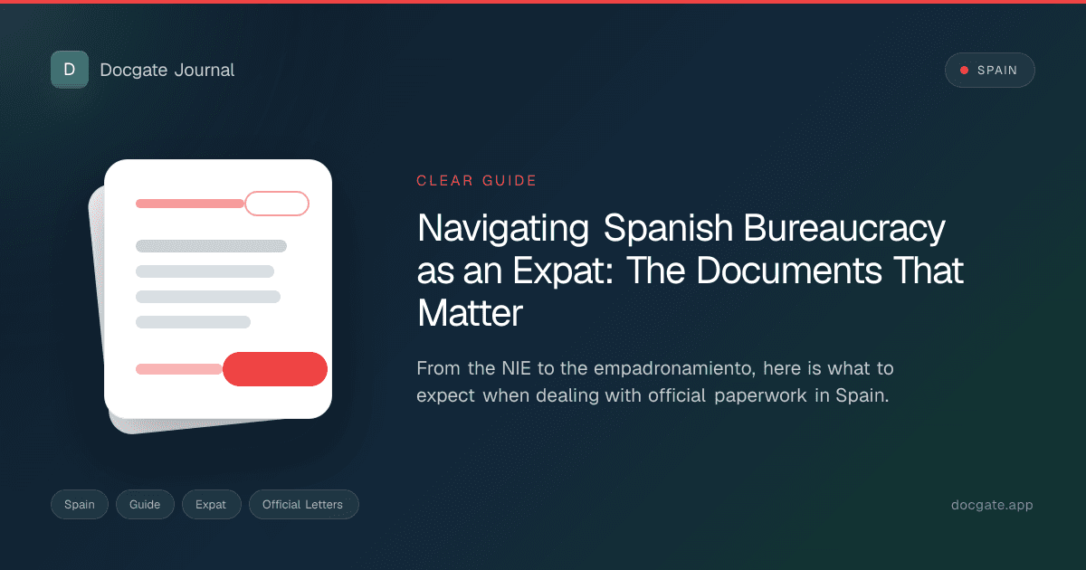 Spanish paperwork spread across a table with NIE forms, folder, and apartment keys.