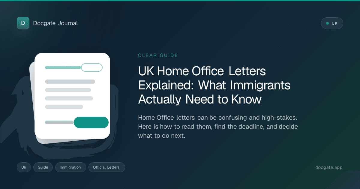 UK Home Office style letter with supporting paperwork and passport nearby.
